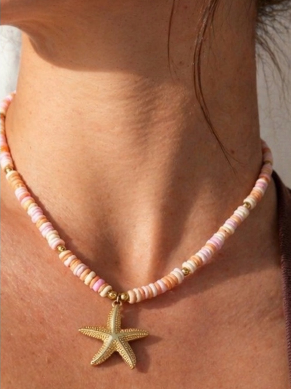 Gold Starfish Pendant Necklace with Pink and Peach Beads